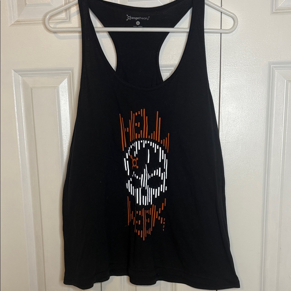 Orangetheory Black Tank Top with Orange and White Skull Design